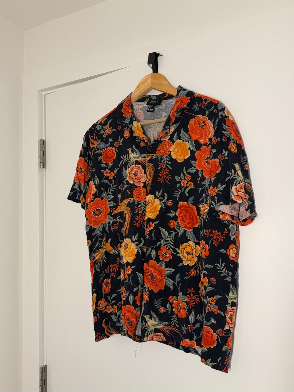Men's Black Floral Short-Sleeve Button-Down Shirt - Orange & Yellow Floral Print